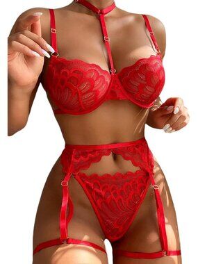 Women's Red Sexy Lingerie Set Push Up Lace Garter Belt Bra And Panty Set